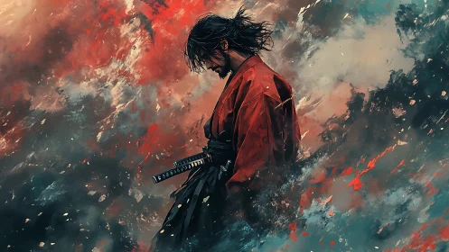 Digital painting of lone samurai amid abstract storm field.