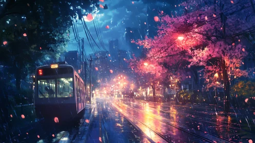 Night tram moves through rainy cherry blossom city street