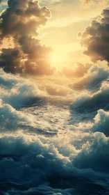 Sunlit ocean waves rise beneath dense storm clouds