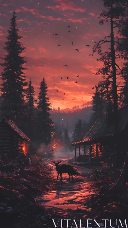 Moose stands on glowing forest trail between cabins at dusk