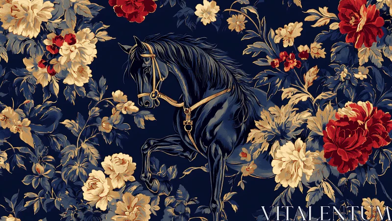 Dark stallion among ornate florals on deep navy ground.