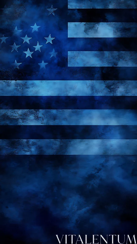 Monochromatic blue stylized flag with stars and stripes.