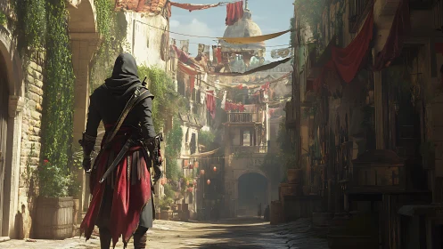 Hooded rogue in sunlit bazaar alleyway of worn stone.