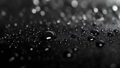 Macro water droplets rest on textured black surface