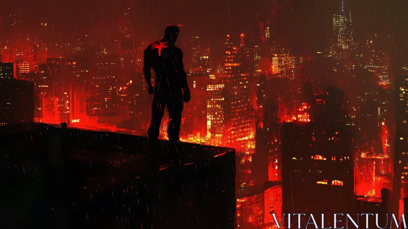 Noir vigilante silhouette over neon-soaked rain cityscape.