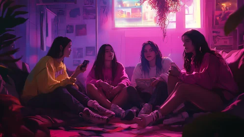 Neon sleepover glow with four girls in dreamy loft light.