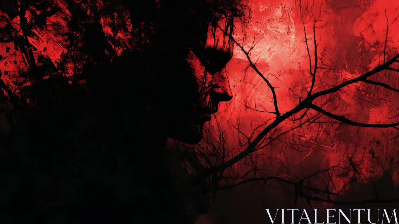 Silhouetted human profile against abstract red background.