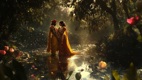 Sunlit river of blossoms cradles mythic lovers in gold.