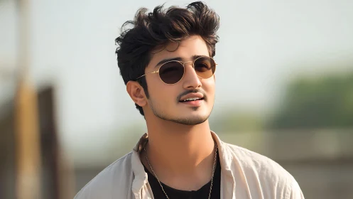 Sunlit portrait of stylish young man in shallow depth of field