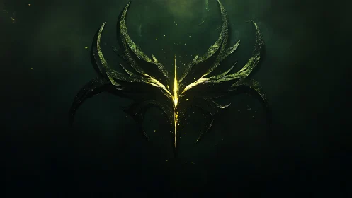 Symmetrical green emblem forms against dark diffuse background