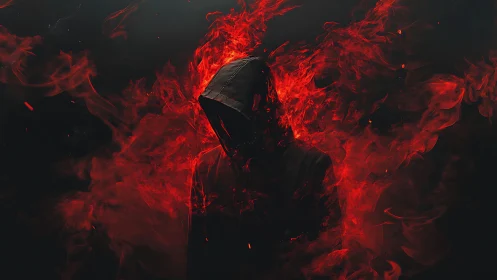 Digital painting of hooded phantom engulfed in red flames.