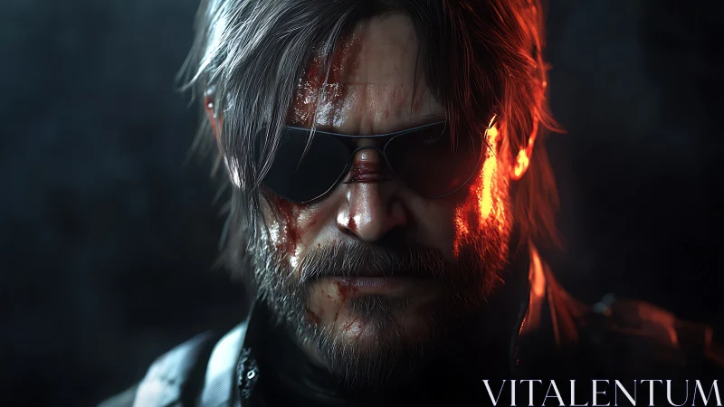 Scarred mercenary in burning rim light close portrait.