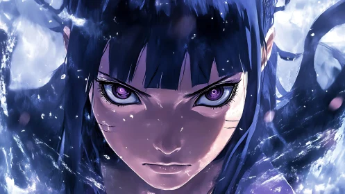 Storm-eyed anime warrior rises through shattered starlight.