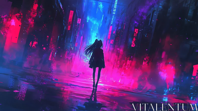Neon girl crosses vapor-filled cyberpunk alley at dusk.