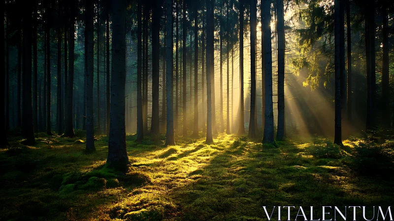 Sunbeams Filtering Through Pine Forest in Tranquil Morning Light.