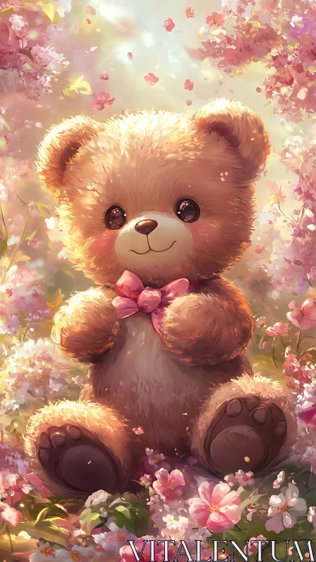 Digital painting of plush teddy bear amid luminous blossoms.