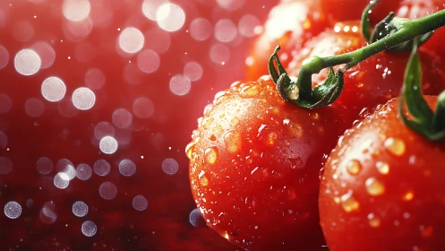 Juicy vine tomatoes sparkling with fresh morning dew.