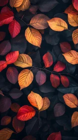 Overlapping autumn leaves in red, orange and yellow tones.