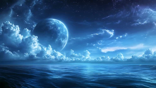 Dreamy cosmic ocean under a glowing distant planet.