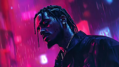 Male figure in neon city rain with saturated lighting.