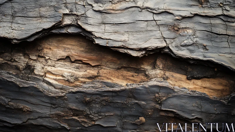 Charred wood surface with exposed inner grain layers.