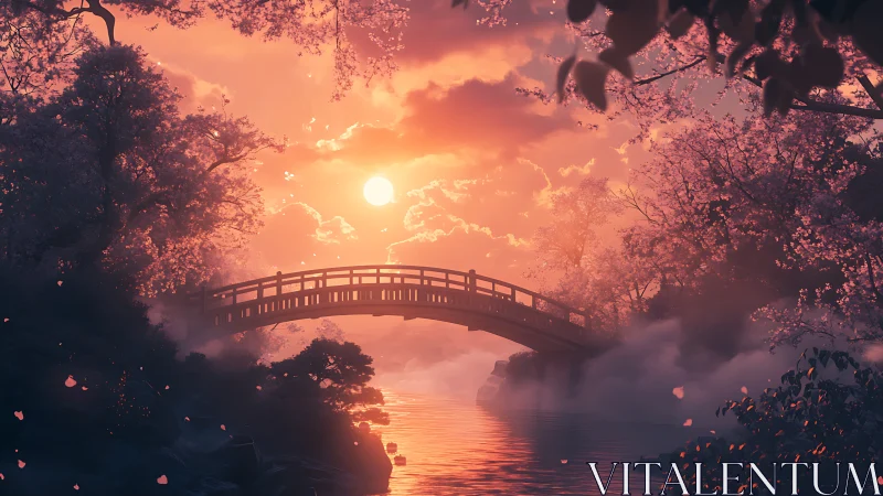 Sunlit wooden bridge spans a misty cherry blossom riverscape.