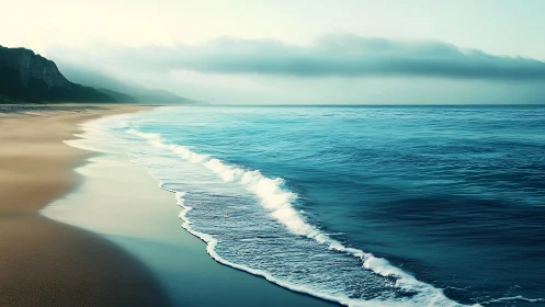 Calm shoreline meets turquoise ocean under low coastal fog bank