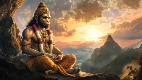 Hanuman meditates over misty mountains at radiant sunrise
