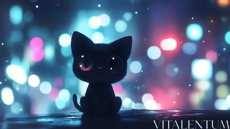 Tiny night-sky kitten glowing in dreamy city lights.