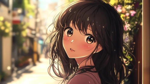 Sunlit anime girl glancing back on a softly blurred street.