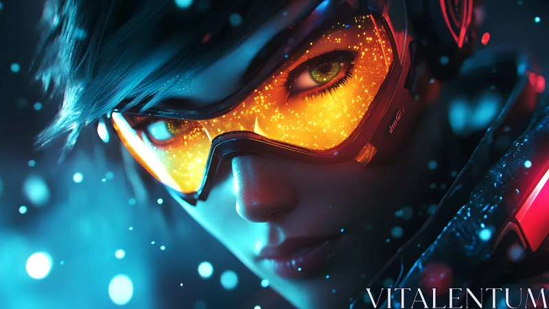 Neon cyber-operator visor with volumetric bokeh reflections.