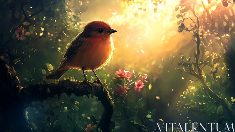 Small bird on mossy branch in magical sunlit forest, digital art.