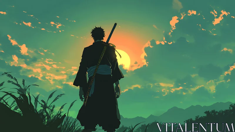 Samurai silhouette at sunset in stylized anime landscape.