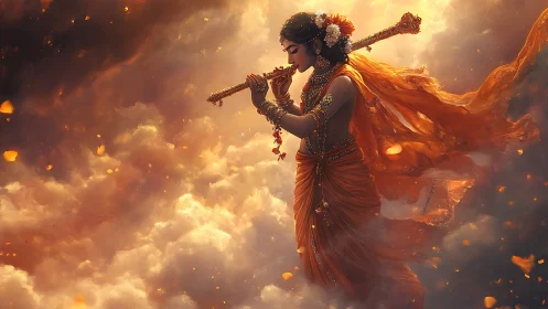 Celestial flute player in turbulent luminance cloudscape.