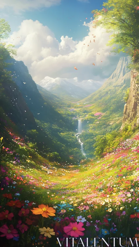 Sunlit alpine valley with vivid wildflower meadow panorama.