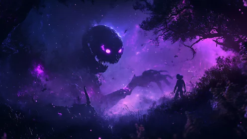 Child confronts towering void monster in neon twilight forest