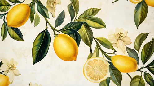 Lemon branches with foliage and blossoms on light backdrop.