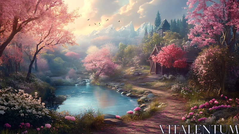 Spring alpine pond beside wooden chapel under blossom canopy