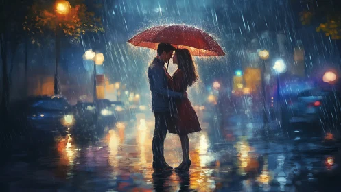 Crimson Parasol Shelters Two Souls Through Rain-Drenched City Nights