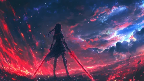 Lone skyward warrior bathed in red and twilight fire.