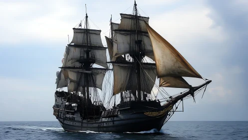 Tall ship under full sail on open sea in soft overcast light.