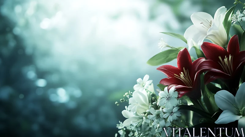 Deep Red Lilies Against Soft Bokeh Garden.