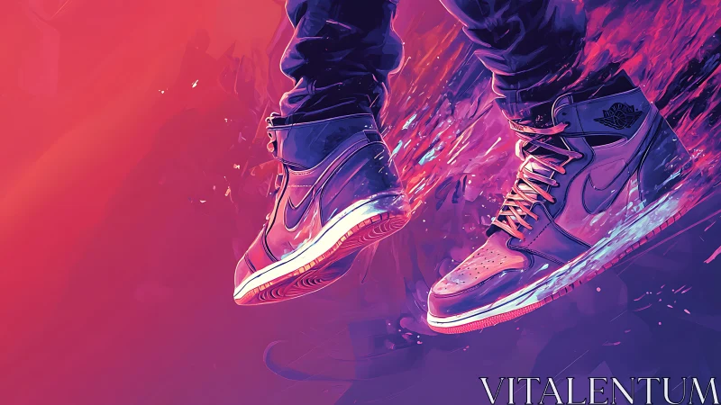 Glowing sneakers freeze mid-jump in neon motion blur abstraction