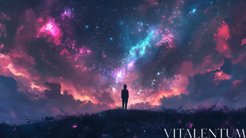 Silhouette observing vivid nebula sky over dark hillside.