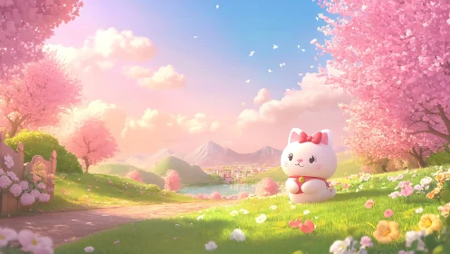 Sweet lucky cat resting in a sunlit cherry blossom meadow.