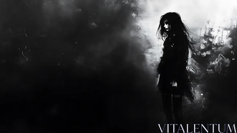 Monochrome digital painting of solitary figure in foggy void.