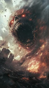 Storm of the Burning Maw roars above a ruined cityscape