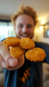 Hand Holds Golden Fried Croquettes With Crispy Exterior Coating.