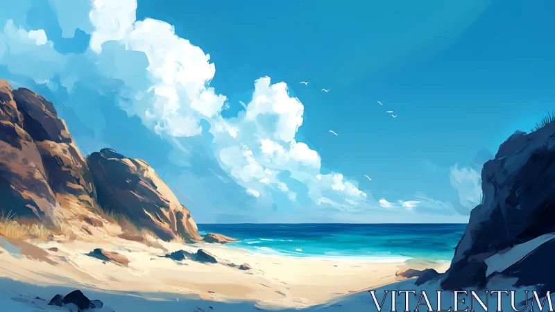 Sunlit cove opens onto calm turquoise waves and soft sands