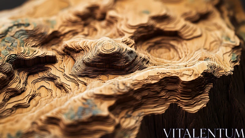 Layered wooden topographic relief model renders terrain depth